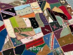Antique 1910 Handmade Patchwork Reclaimed Stitched Bedspread Crazy Quilt 81 X 66