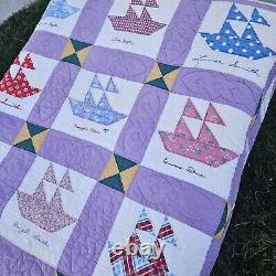 Antique 1920's Feedsack Friendship Quilt Hand Stitched Signed Sailboat 80 X 66