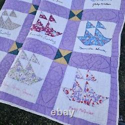 Antique 1920's Feedsack Friendship Quilt Hand Stitched Signed Sailboat 80 X 66