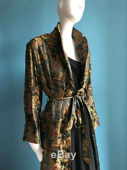 Antique 1920s Asian Black Silk Quilted Brocade Robe Gatsby Red Carpet Glam Med
