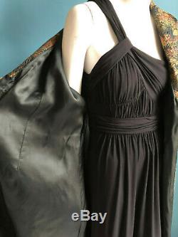 Antique 1920s Asian Black Silk Quilted Brocade Robe Gatsby Red Carpet Glam Med