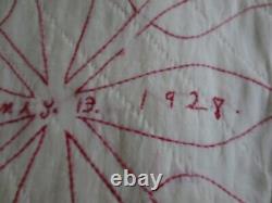 Antique 1928 MOTHER'S DAY Signed Dated REDWORK EMBROIDERED Cotton QUILT-77x74