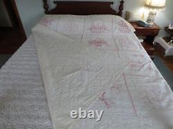 Antique 1928 MOTHER'S DAY Signed Dated REDWORK EMBROIDERED Cotton QUILT-77x74