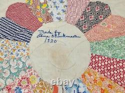 Antique 1930 Dated Quilted Patchwork Quilt Grandmothers Garden Feedsack 54x82