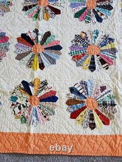 Antique 1930s Dresden Plate Quilt Hand-pieced Hand-Quilted 68x83 cotton