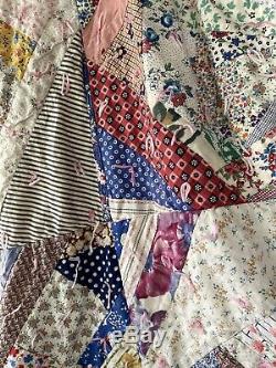 Antique 1930s Feedsack Crazy Quilt Coat Novelty Print Puff Sleeves Cotton Long