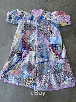 Antique 1930s Feedsack Crazy Quilt Coat Novelty Print Puff Sleeves Cotton Long