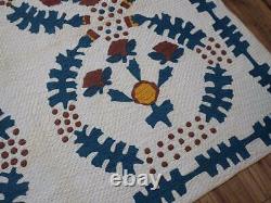 Antique 19th c Blue Brown Cheddar Applique FOLKY QUILT Southern Style