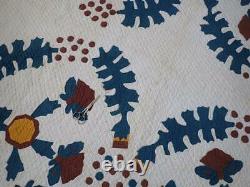 Antique 19th c Blue Brown Cheddar Applique FOLKY QUILT Southern Style