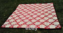 Antique 9 Patch Quilt Red and Cream w Red Thread Hearts Lots of Quilting
