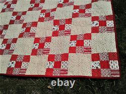 Antique 9 Patch Quilt Red and Cream w Red Thread Hearts Lots of Quilting