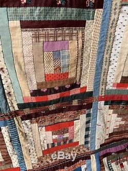 Antique American Log Cabin Patchwork Quilt Throw Bedspread Hand Sewn Handmade