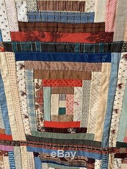 Antique American Log Cabin Patchwork Quilt Throw Bedspread Hand Sewn Handmade