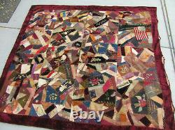 Antique American large Crazy Quilt, Embroidered flowers, 3D, Silk & Velvet 1880s