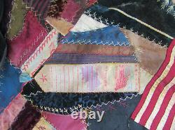 Antique American large Crazy Quilt, Embroidered flowers, 3D, Silk & Velvet 1880s