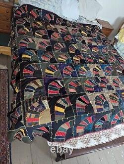 Antique Big Beautiful Hand Stitched Fans Crazy Quilt 87 by 91