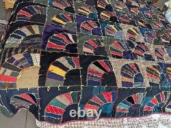 Antique Big Beautiful Hand Stitched Fans Crazy Quilt 87 by 91