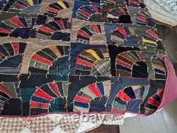 Antique Big Beautiful Hand Stitched Fans Crazy Quilt 87 by 91