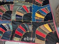 Antique Big Beautiful Hand Stitched Fans Crazy Quilt 87 by 91