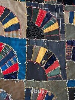 Antique Big Beautiful Hand Stitched Fans Crazy Quilt 87 by 91