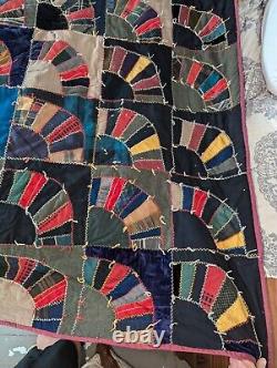 Antique Big Beautiful Hand Stitched Fans Crazy Quilt 87 by 91