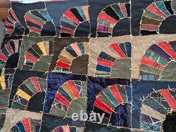 Antique Big Beautiful Hand Stitched Fans Crazy Quilt 87 by 91