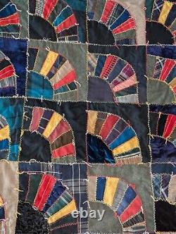 Antique Big Beautiful Hand Stitched Fans Crazy Quilt 87 by 91