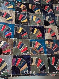 Antique Big Beautiful Hand Stitched Fans Crazy Quilt 87 by 91