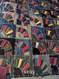 Antique Big Beautiful Hand Stitched Fans Crazy Quilt 87 by 91