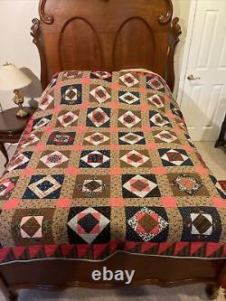 Antique Country Quilt-Printed Sack Hand Pieced Brown/blue/pink Ab 70 X 80