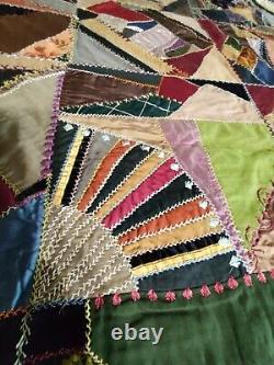 Antique Crazy Quilt 74 X 69 Cotton, Silk, Velvet. Late 1800's Early 1900