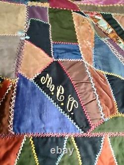 Antique Crazy Quilt 74 X 69 Cotton, Silk, Velvet. Late 1800's Early 1900