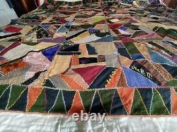 Antique Crazy Quilt 74 X 69 Cotton, Silk, Velvet. Late 1800's Early 1900