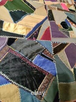 Antique Crazy Quilt 74 X 69 Cotton, Silk, Velvet. Late 1800's Early 1900