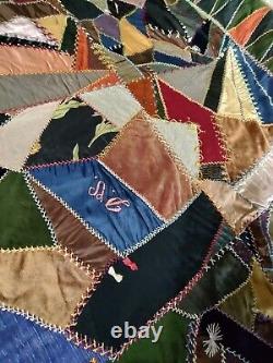 Antique Crazy Quilt 74 X 69 Cotton, Silk, Velvet. Late 1800's Early 1900