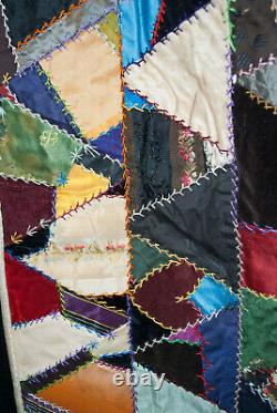 Antique Crazy Quilt Dated 1888, Hand Made, Heavily Embroidered 68 x 57