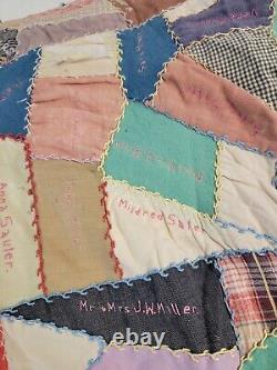 Antique Crazy Quilt Mid 19th century Hand Stitched Names All Over 74x72