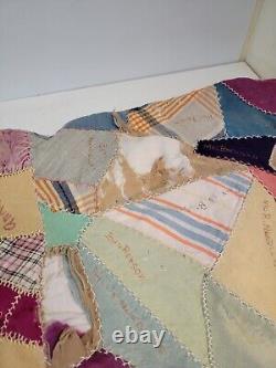 Antique Crazy Quilt Mid 19th century Hand Stitched Names All Over 74x72