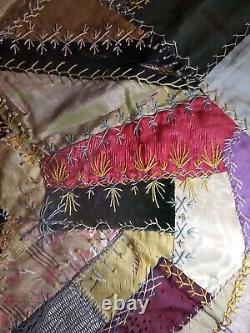 Antique Crazy Quilt Top. Unique. Silk Beautiful Stitching Handmade 1800s Small