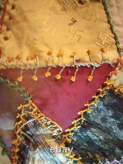 Antique Crazy Quilt Top. Unique. Silk Beautiful Stitching Handmade 1800s Small
