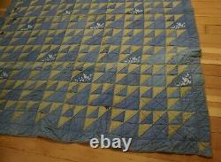 Antique Early 1860s Blue & Tan Patchwork & Embroidered Flower Quilt Muslin Back