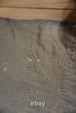 Antique Early 1860s Blue & Tan Patchwork & Embroidered Flower Quilt Muslin Back