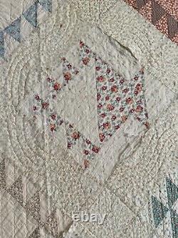Antique Early BASKET Pattern Cotton Calico Flour Sack Quilt 74x83 Hand Quilted