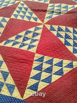 Antique Early Ocean Waves Quilt Red Yellow Blue 1900s Heavy Quilting Vibrant