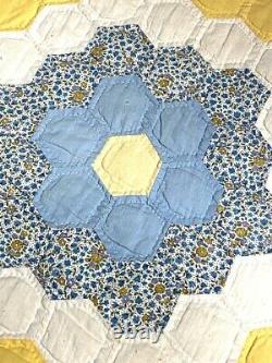 Antique Feed Sack Hand Stitched 6-8spi Square Pieced Quilt 82x80 Mostly Yellow
