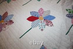 Antique Feedsack Applique Quilt Hand Sewn Flower Blocks 67x78 vtg Cottage daisy