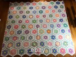 Antique Feedsack Grandmothers garden multicolor hexagon handmade quilt 75x79.5