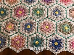 Antique Feedsack Grandmothers garden multicolor hexagon handmade quilt 75x79.5