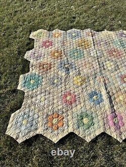 Antique GRANDMOTHER'S FLOWER GARDEN QUILT Hand Pieced Hand Stitched FEED SACK