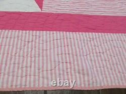 Antique Hand Quilted Patchwork Twin Quilt Cotton Pink Stripe Star 72 x 88